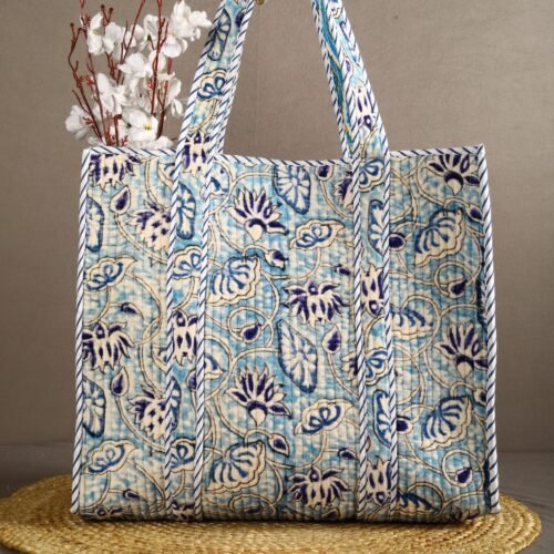 Girly Fits Water Lotus Jaal Printed Cotton Tote Bag In Sky-Blue - Image 3