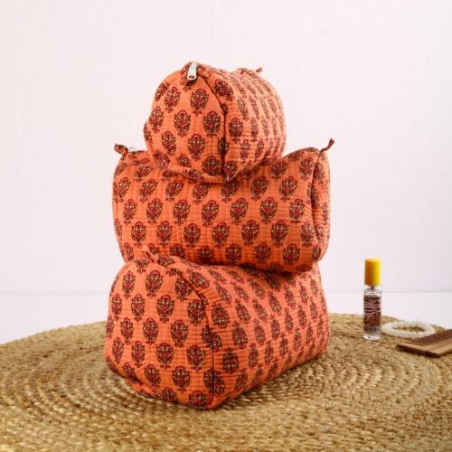 Handcrafted Set Of 3 Cotton Quilted Toiletry Pouches For Easy Travel In Peach - Image 9