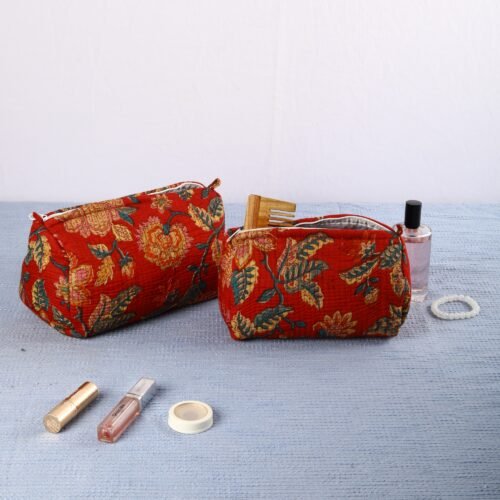 Red Floral Cotton Quilted Toiletry Pouches In Set Of 3 Travel Storage Cases - Image 6