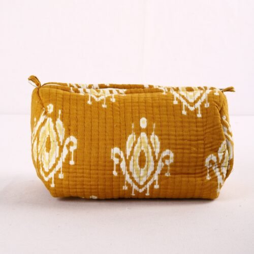 Beautiful  Set Of 3 Cotton Quilted Toiletry Pouches In Ikat Mustard - Image 3