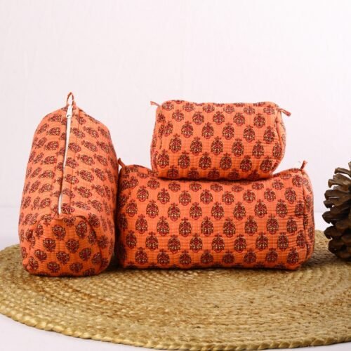 Handcrafted Set Of 3 Cotton Quilted Toiletry Pouches For Easy Travel In Peach - Image 2