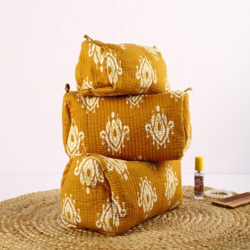 Beautiful  Set Of 3 Cotton Quilted Toiletry Pouches In Ikat Mustard - Image 10