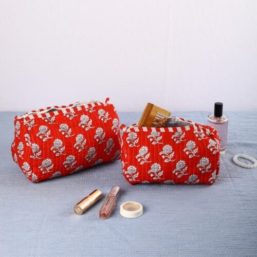 Perfect Gift On Valentine Set Of 3 Cotton Quilted Toiletry Pouches In Cherry Red - Image 5