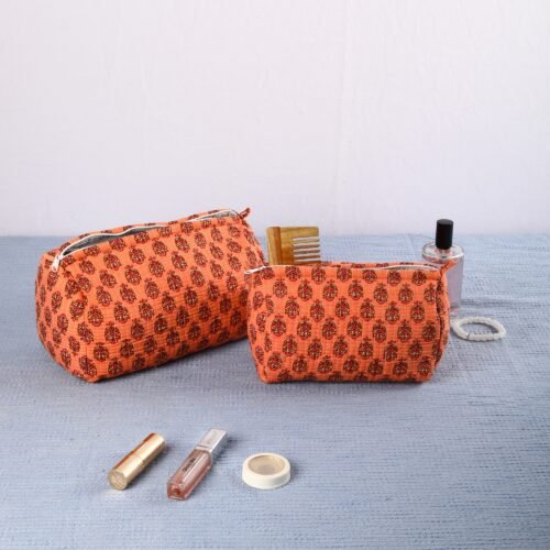 Handcrafted Set Of 3 Cotton Quilted Toiletry Pouches For Easy Travel In Peach - Image 8