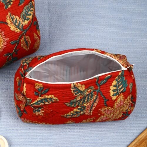 Red Floral Cotton Quilted Toiletry Pouches In Set Of 3 Travel Storage Cases - Image 8