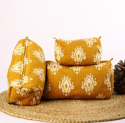 Beautiful  Set Of 3 Cotton Quilted Toiletry Pouches In Ikat Mustard