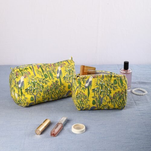 Beautiful Pigeon World Design Printed Set Of 3 Cotton Quilted Toiletry Pouches In Bright Yellow - Image 7