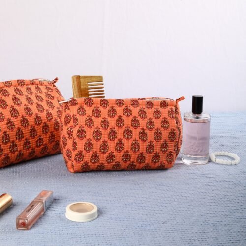 Handcrafted Set Of 3 Cotton Quilted Toiletry Pouches For Easy Travel In Peach - Image 7