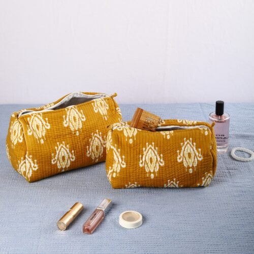 Beautiful  Set Of 3 Cotton Quilted Toiletry Pouches In Ikat Mustard - Image 8