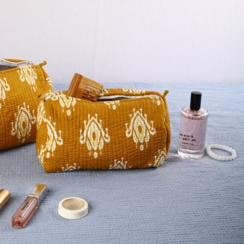 Beautiful  Set Of 3 Cotton Quilted Toiletry Pouches In Ikat Mustard - Image 6