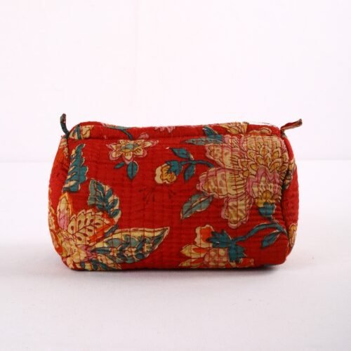 Red Floral Cotton Quilted Toiletry Pouches In Set Of 3 Travel Storage Cases - Image 5