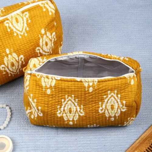 Beautiful  Set Of 3 Cotton Quilted Toiletry Pouches In Ikat Mustard - Image 5