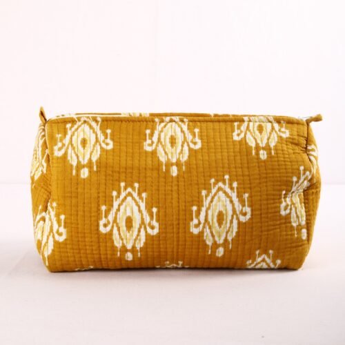 Beautiful  Set Of 3 Cotton Quilted Toiletry Pouches In Ikat Mustard - Image 2