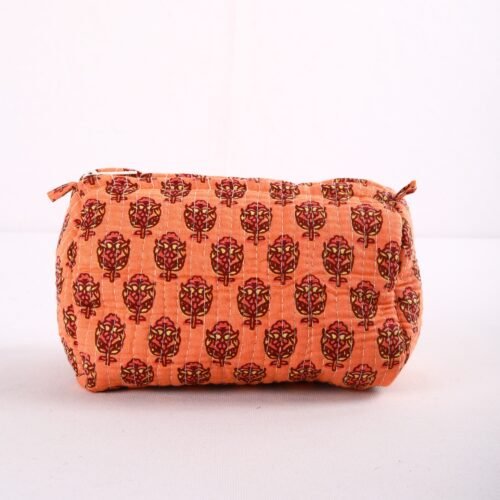 Handcrafted Set Of 3 Cotton Quilted Toiletry Pouches For Easy Travel In Peach - Image 4