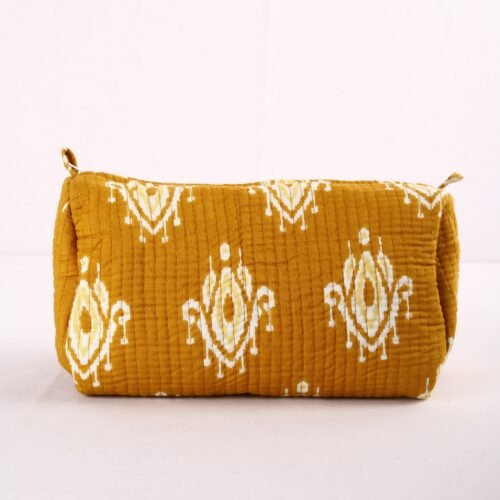 Beautiful  Set Of 3 Cotton Quilted Toiletry Pouches In Ikat Mustard - Image 4