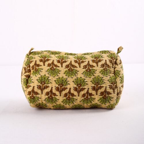 Handcrafted Set Of 3 Ajrak Style Tree Buta Printed Toiletry Pouches In Green-Beige - Image 4