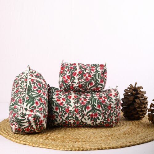 Charming Set Of 3 Cotton Quilted Toiletry Pouches In Pink-Green Kyari Pattern - Image 2