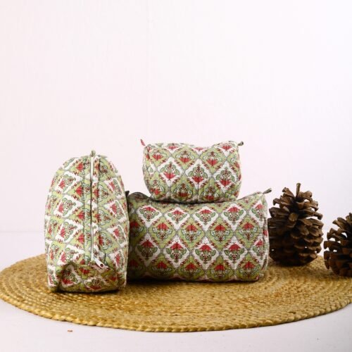 Set Of 3 With Old Style Mughal Marvel Design Printed Toiletry Pouches In Seed Green - Image 9