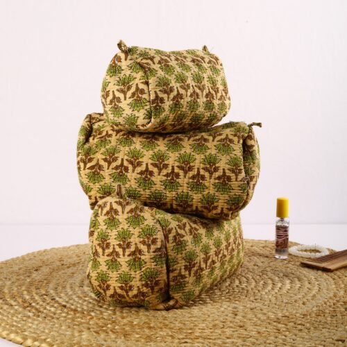 Handcrafted Set Of 3 Ajrak Style Tree Buta Printed Toiletry Pouches In Green-Beige - Image 10