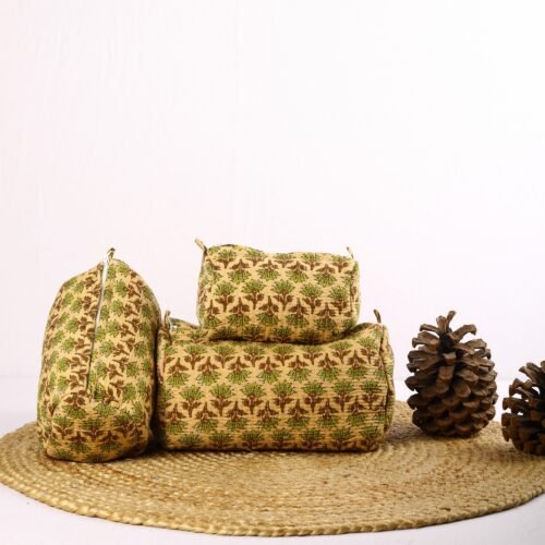 Handcrafted Set Of 3 Ajrak Style Tree Buta Printed Toiletry Pouches In Green-Beige - Image 2