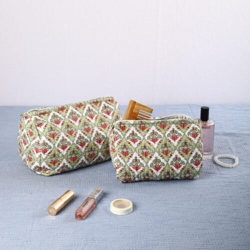 Set Of 3 With Old Style Mughal Marvel Design Printed Toiletry Pouches In Seed Green - Image 8