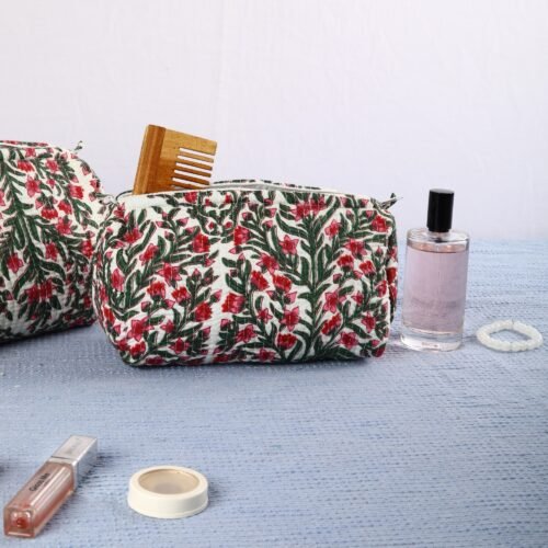 Charming Set Of 3 Cotton Quilted Toiletry Pouches In Pink-Green Kyari Pattern - Image 3