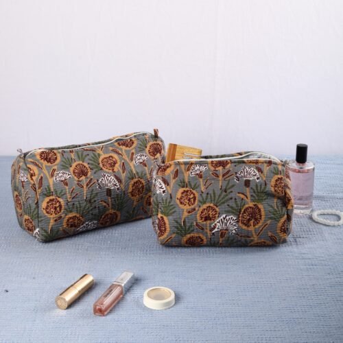 Floral Bloom Block Printed Set Of 3 Toiletry Pouches In Grey Gift To Your Loved Once - Image 9