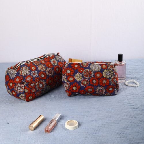 Travel Essential Set Of 3 Cotton Quilted Toiletry Pouches In Floral Blue - Image 5