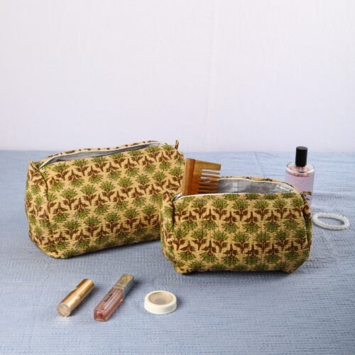 Handcrafted Set Of 3 Ajrak Style Tree Buta Printed Toiletry Pouches In Green-Beige - Image 9