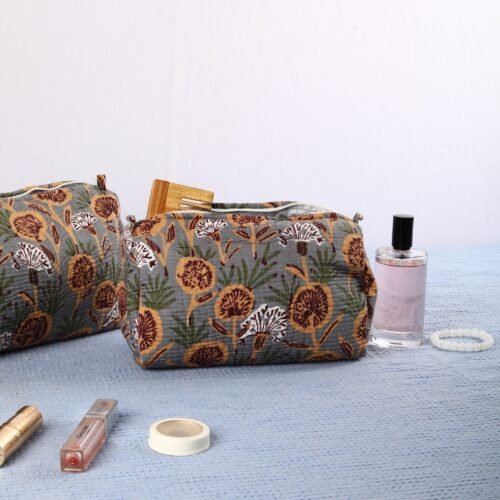 Floral Bloom Block Printed Set Of 3 Toiletry Pouches In Grey Gift To Your Loved Once - Image 5