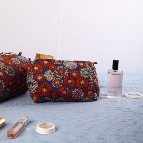 Travel Essential Set Of 3 Cotton Quilted Toiletry Pouches In Floral Blue - Image 9