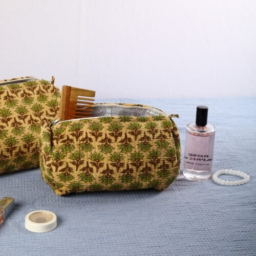 Handcrafted Set Of 3 Ajrak Style Tree Buta Printed Toiletry Pouches In Green-Beige - Image 7