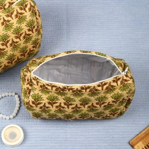 Handcrafted Set Of 3 Ajrak Style Tree Buta Printed Toiletry Pouches In Green-Beige - Image 3