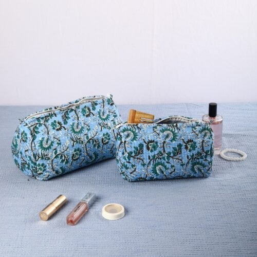 Luxury Lifestyle Essential Cotton Quilted Toiletry Pouches In Sky-Blue Set Of 3 Cosmetic Pouches - Image 9