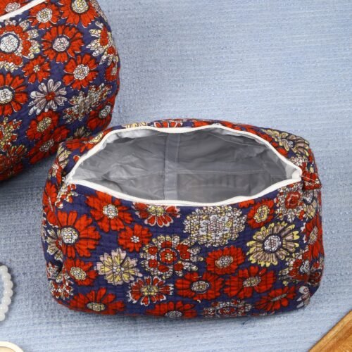 Travel Essential Set Of 3 Cotton Quilted Toiletry Pouches In Floral Blue - Image 6