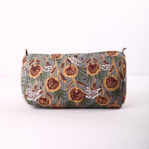 Floral Bloom Block Printed Set Of 3 Toiletry Pouches In Grey Gift To Your Loved Once - Image 2