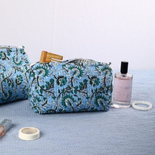 Luxury Lifestyle Essential Cotton Quilted Toiletry Pouches In Sky-Blue Set Of 3 Cosmetic Pouches - Image 6