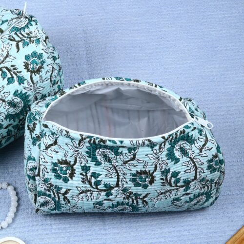 Luxury Lifestyle Essential Cotton Quilted Toiletry Pouches In Sky-Blue Set Of 3 Cosmetic Pouches - Image 7