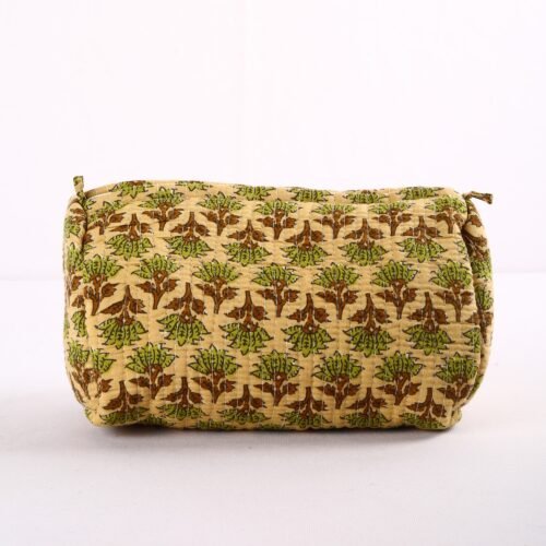 Handcrafted Set Of 3 Ajrak Style Tree Buta Printed Toiletry Pouches In Green-Beige - Image 5