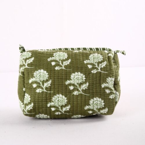 Easy To Carry Set Of 3 Cosmetic Pouches Cotton Quilted Toiletry Pouches In Olive Green - Image 4