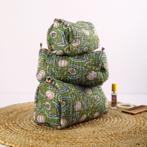 Perfect Organizer Set Of 3 Cotton Toiletry Pouches Pomegranate Flower Jaal Block Printed In Green - Image 6