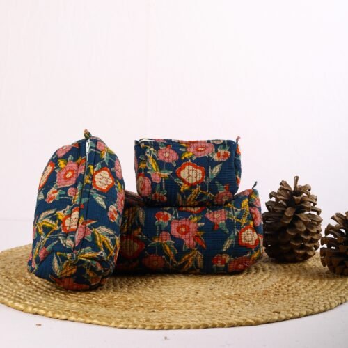 Thoughtful Gift  Set Of 3 Cotton Quilted Cosmetic Toiletry Pouches For Loved Once In Blue - Image 2