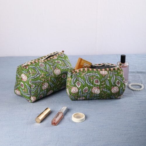 Perfect Organizer Set Of 3 Cotton Toiletry Pouches Pomegranate Flower Jaal Block Printed In Green - Image 9