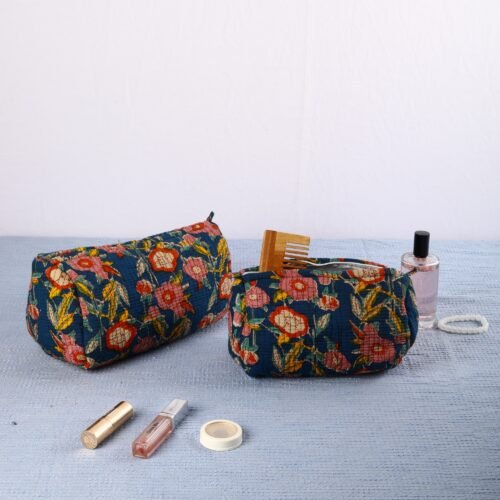 Thoughtful Gift  Set Of 3 Cotton Quilted Cosmetic Toiletry Pouches For Loved Once In Blue - Image 8