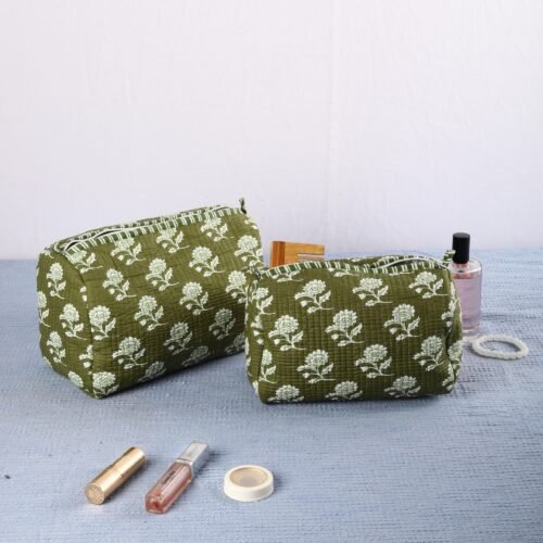 Easy To Carry Set Of 3 Cosmetic Pouches Cotton Quilted Toiletry Pouches In Olive Green - Image 8