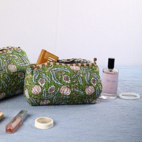 Perfect Organizer Set Of 3 Cotton Toiletry Pouches Pomegranate Flower Jaal Block Printed In Green - Image 5