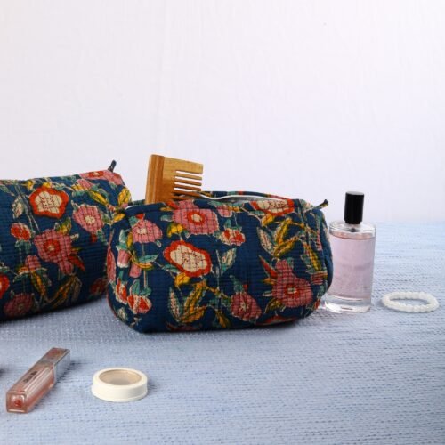 Thoughtful Gift  Set Of 3 Cotton Quilted Cosmetic Toiletry Pouches For Loved Once In Blue - Image 9