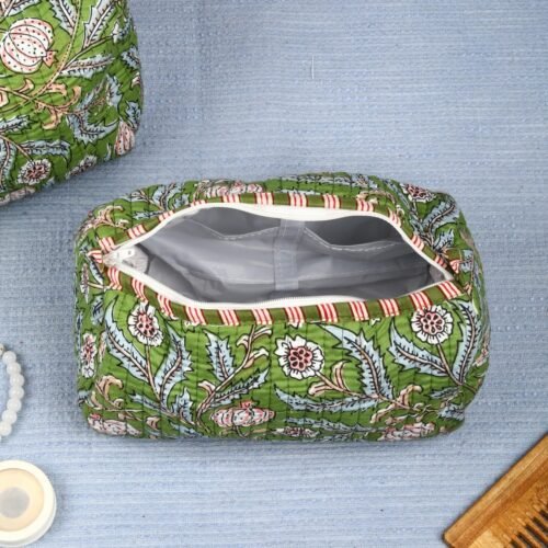 Perfect Organizer Set Of 3 Cotton Toiletry Pouches Pomegranate Flower Jaal Block Printed In Green - Image 7