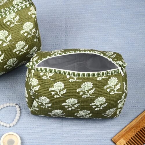 Easy To Carry Set Of 3 Cosmetic Pouches Cotton Quilted Toiletry Pouches In Olive Green - Image 6