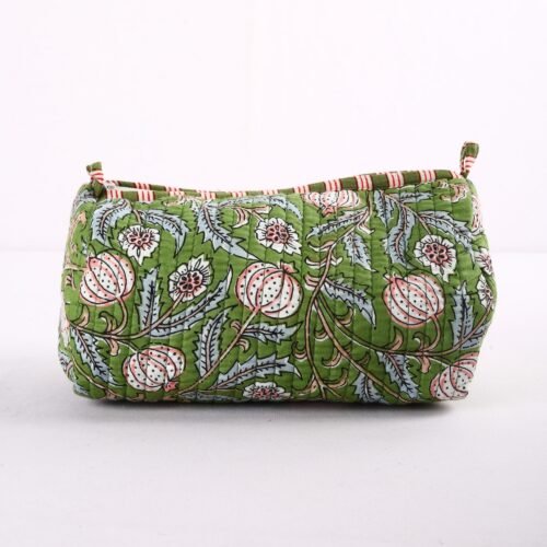 Perfect Organizer Set Of 3 Cotton Toiletry Pouches Pomegranate Flower Jaal Block Printed In Green - Image 4